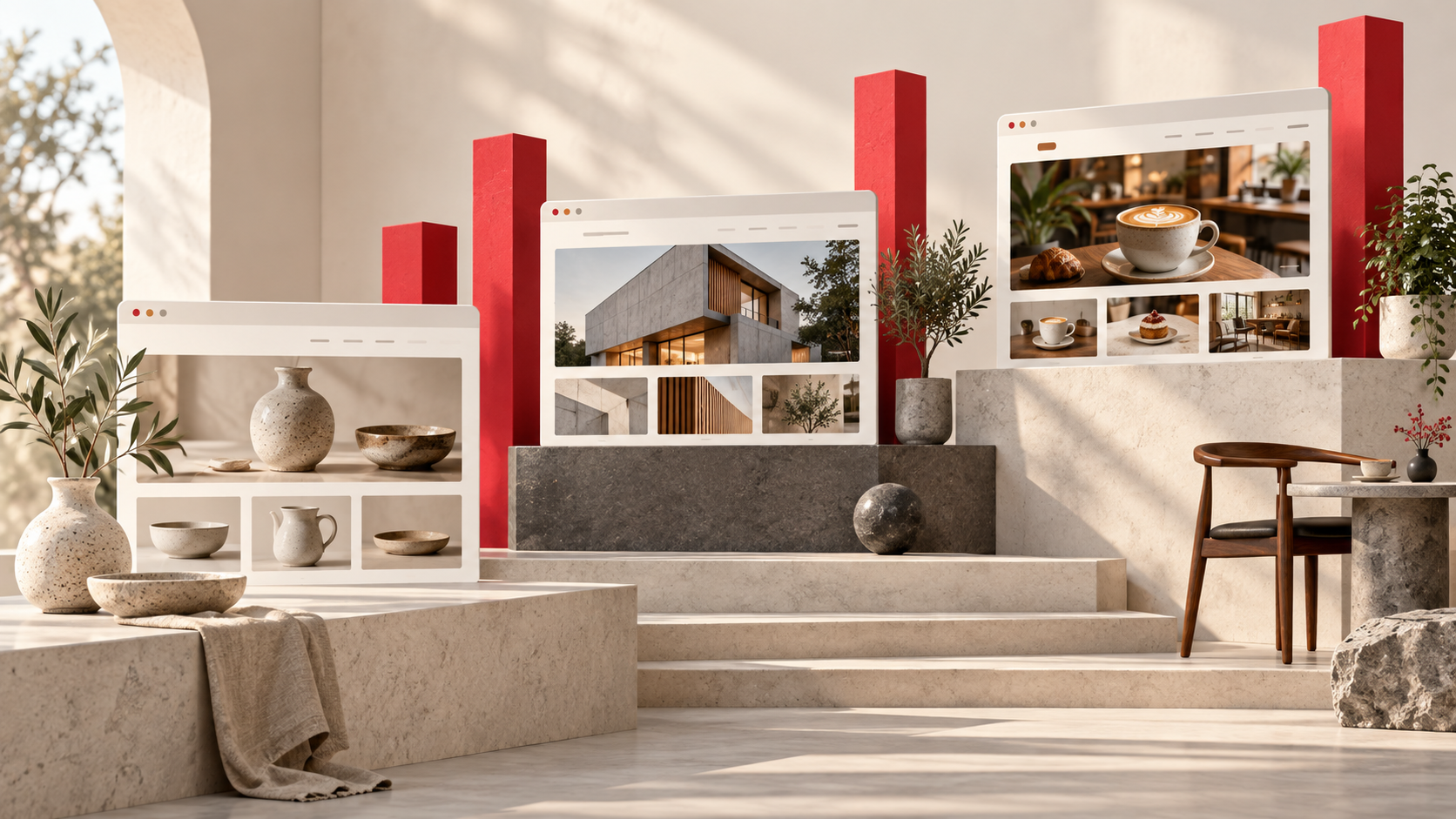 Illustration of business websites on tiered platforms with red supports.