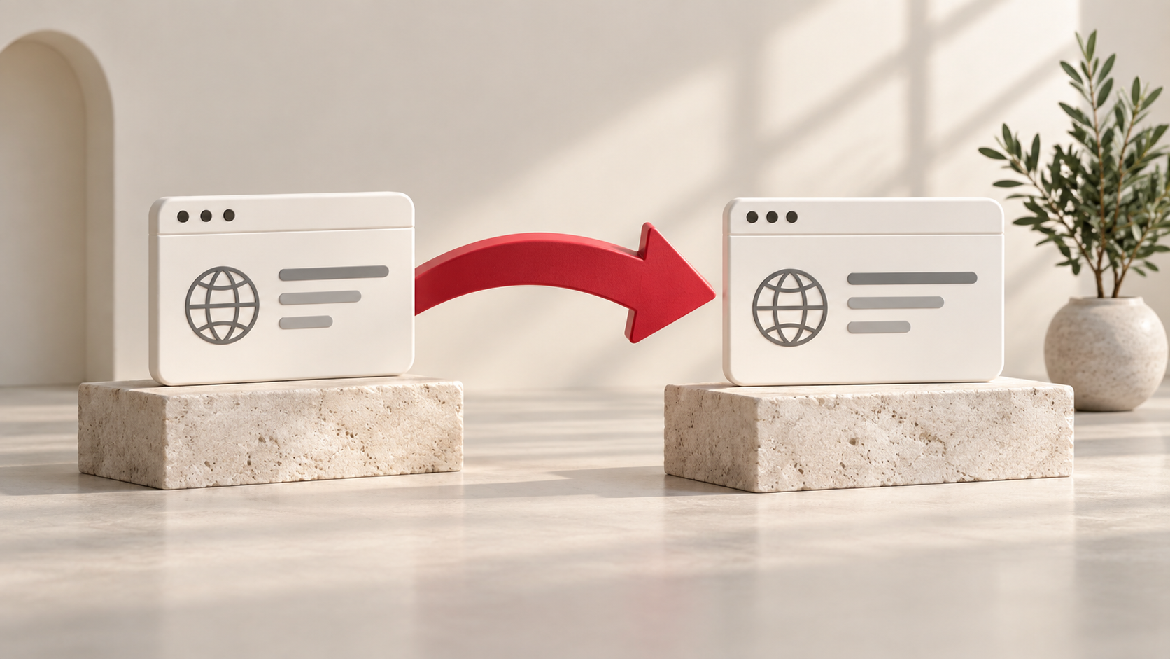 Illustration of two web address cards connected by a red transfer arrow.