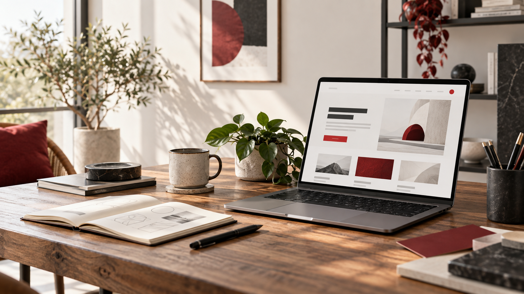 Illustrative small business workspace with a laptop displaying a website, notebook, and natural light.