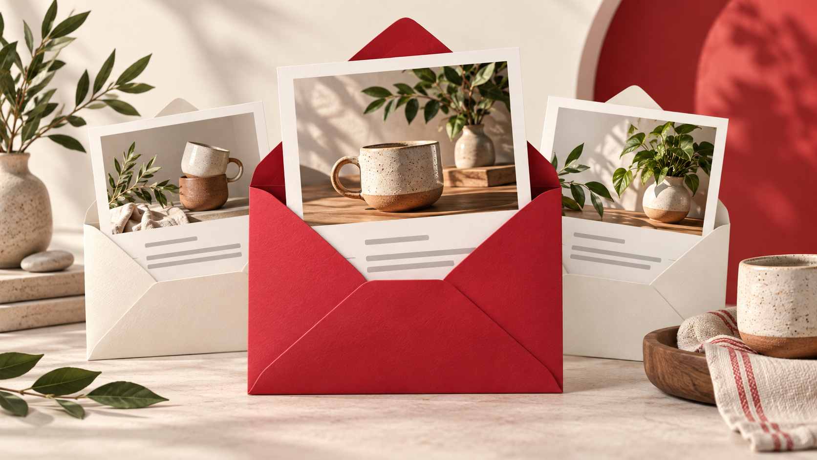 Illustration of a ceramics shop newsletter with red and ivory envelopes.