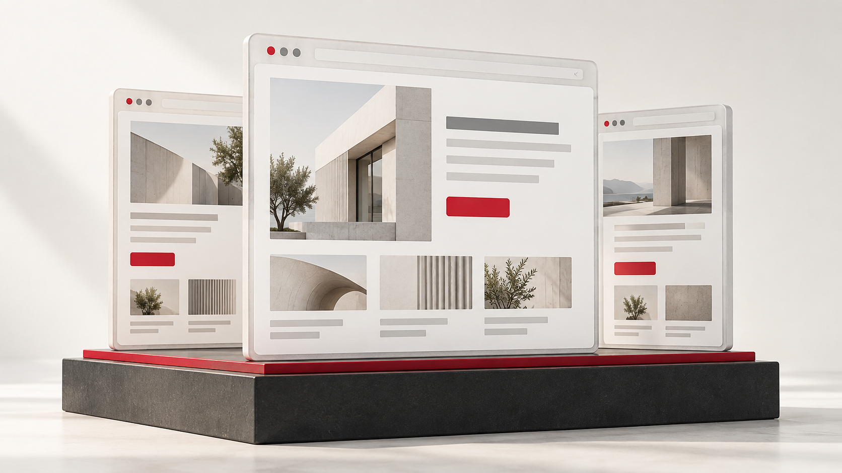 Illustration of website panels supported by solid modular platforms.