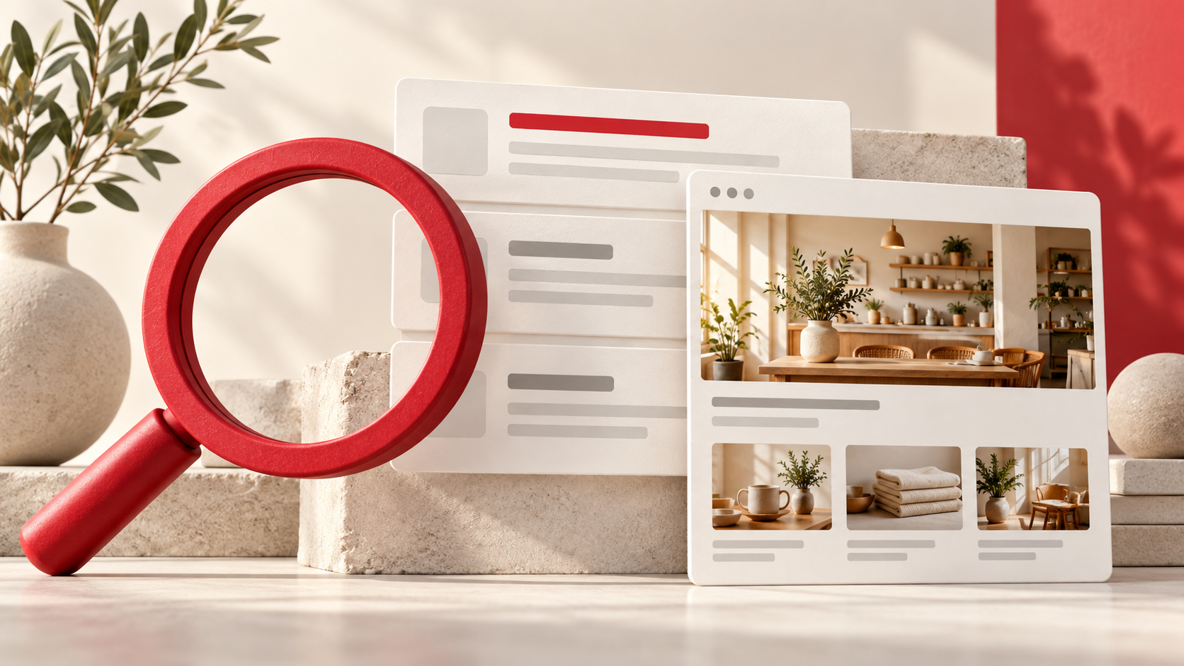 Illustration of a red magnifying glass beside website and search result cards.