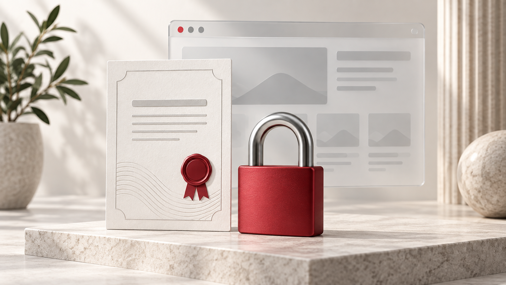 Illustrative SSL certificate beside a red padlock and a frosted browser window.