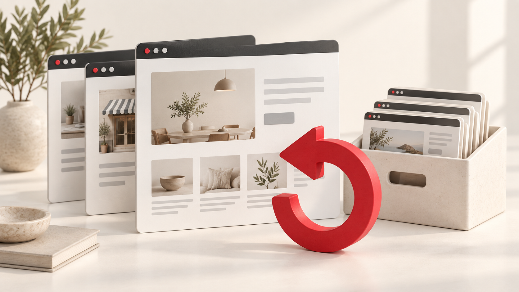 Illustration of website copies, an archive box and a red restore arrow.