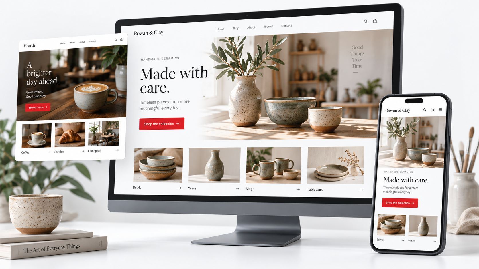 Illustrative ceramics and café website designs displayed on desktop and mobile screens.