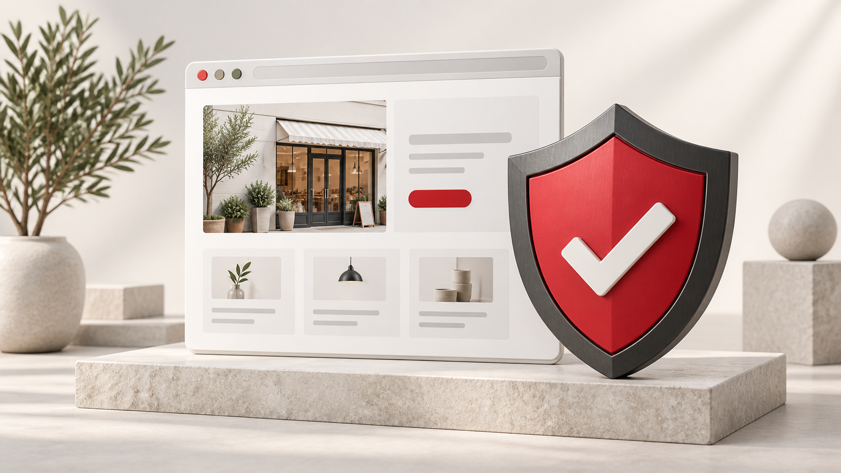 Illustrative business website beside a red and charcoal shield with a white check mark.