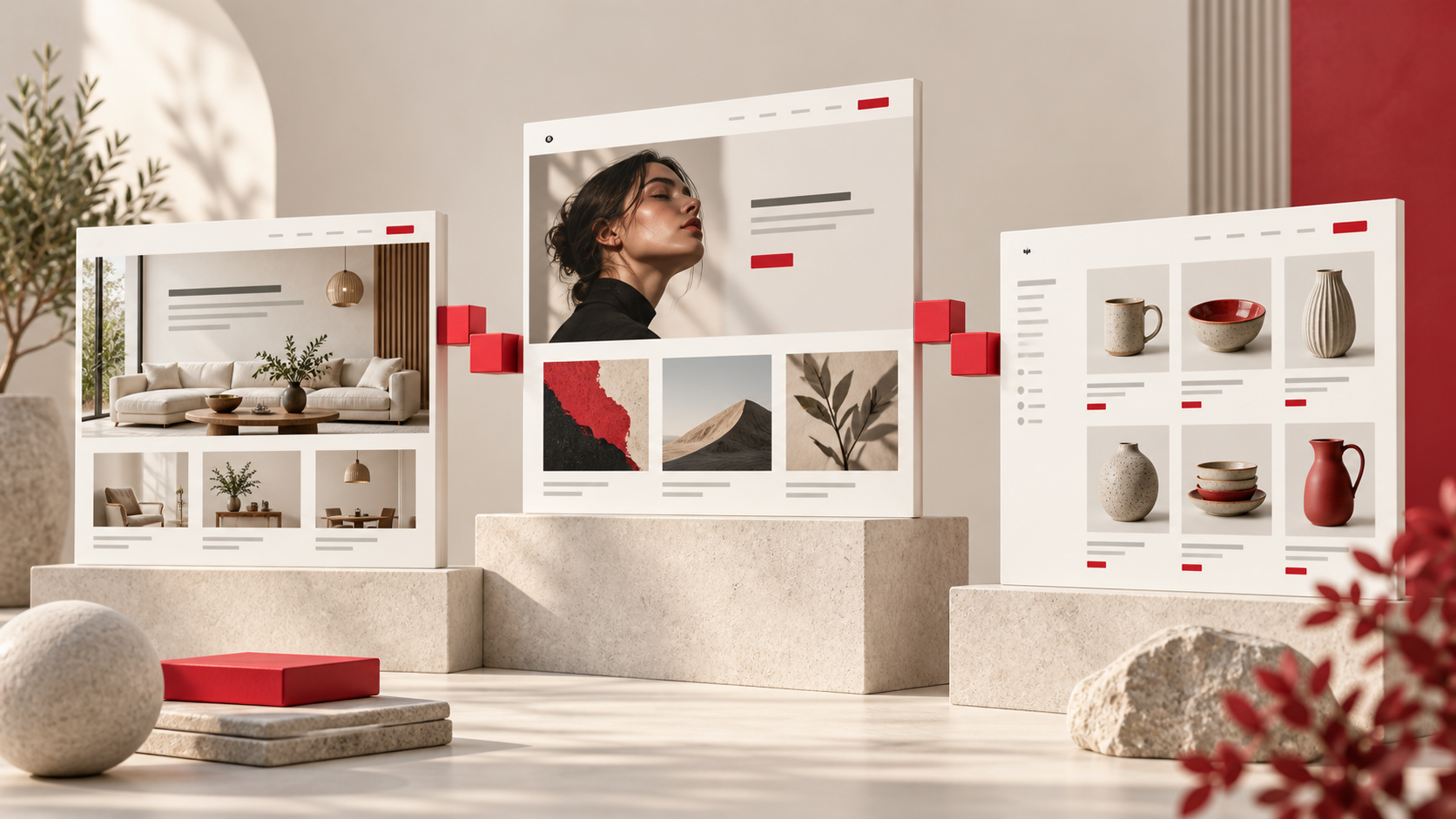 Illustration of business, portfolio and online store websites on modular platforms.